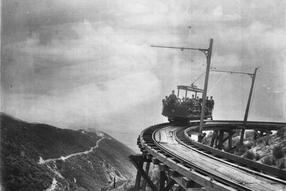 Black and white photo of Mount Lowe Railway train in 1893, Angeles National Forest